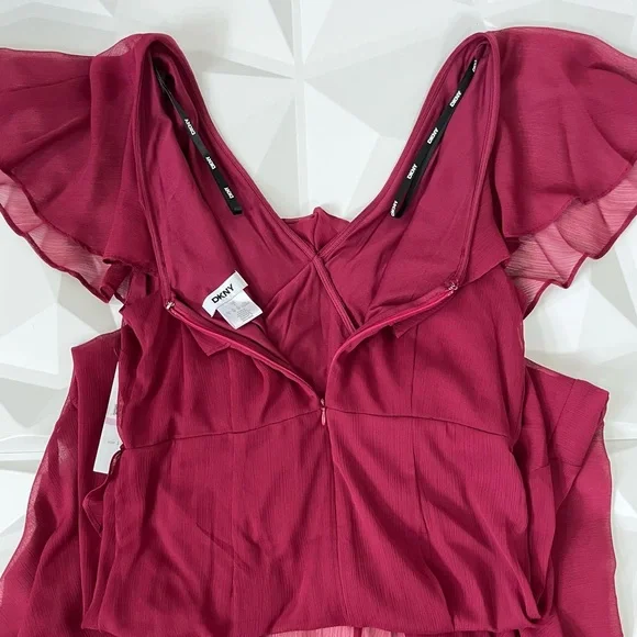 DKNY V-Neck Ruffled High-Low Hem burgundy dress size:6 - Picture 7 of 16